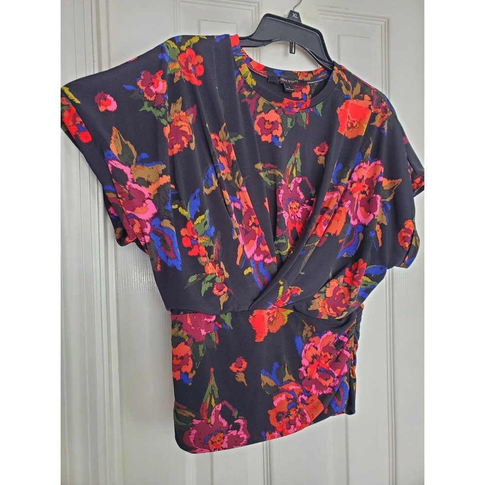 Cynthia Steffe Floral Surplice Ruched Blouse Black Multicolor Short Sleeve S